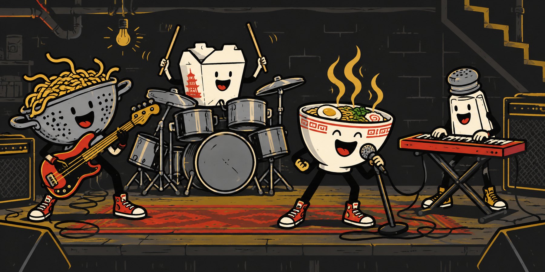 The kitchen band on a basement stage: colander on bass, takeout box on drums, ramen bowl singing, salt shaker on keys