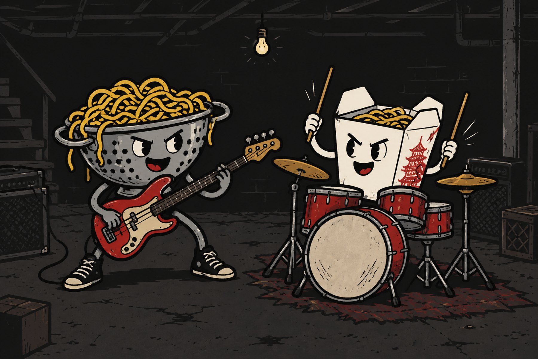 A colander full of noodles on bass and a takeout box on drums, playing in a basement
