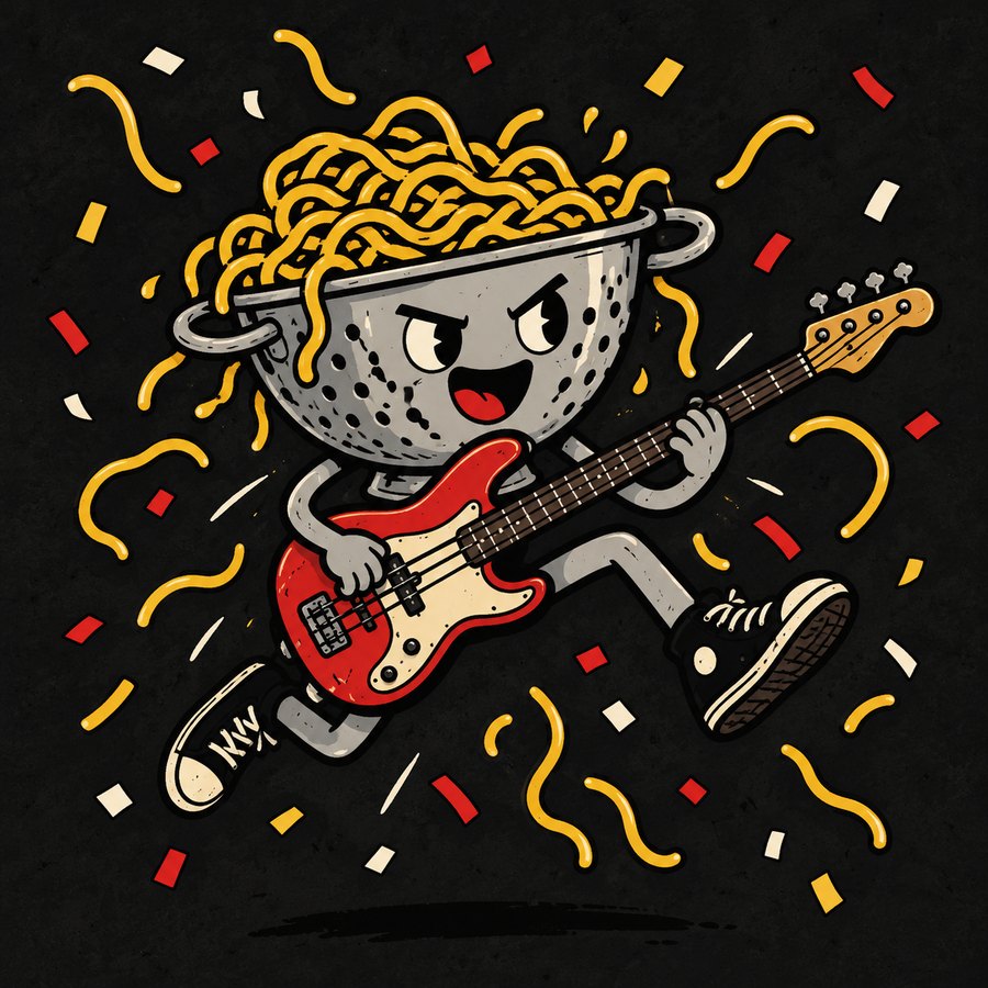 The colander leaping with a bass guitar, confetti everywhere